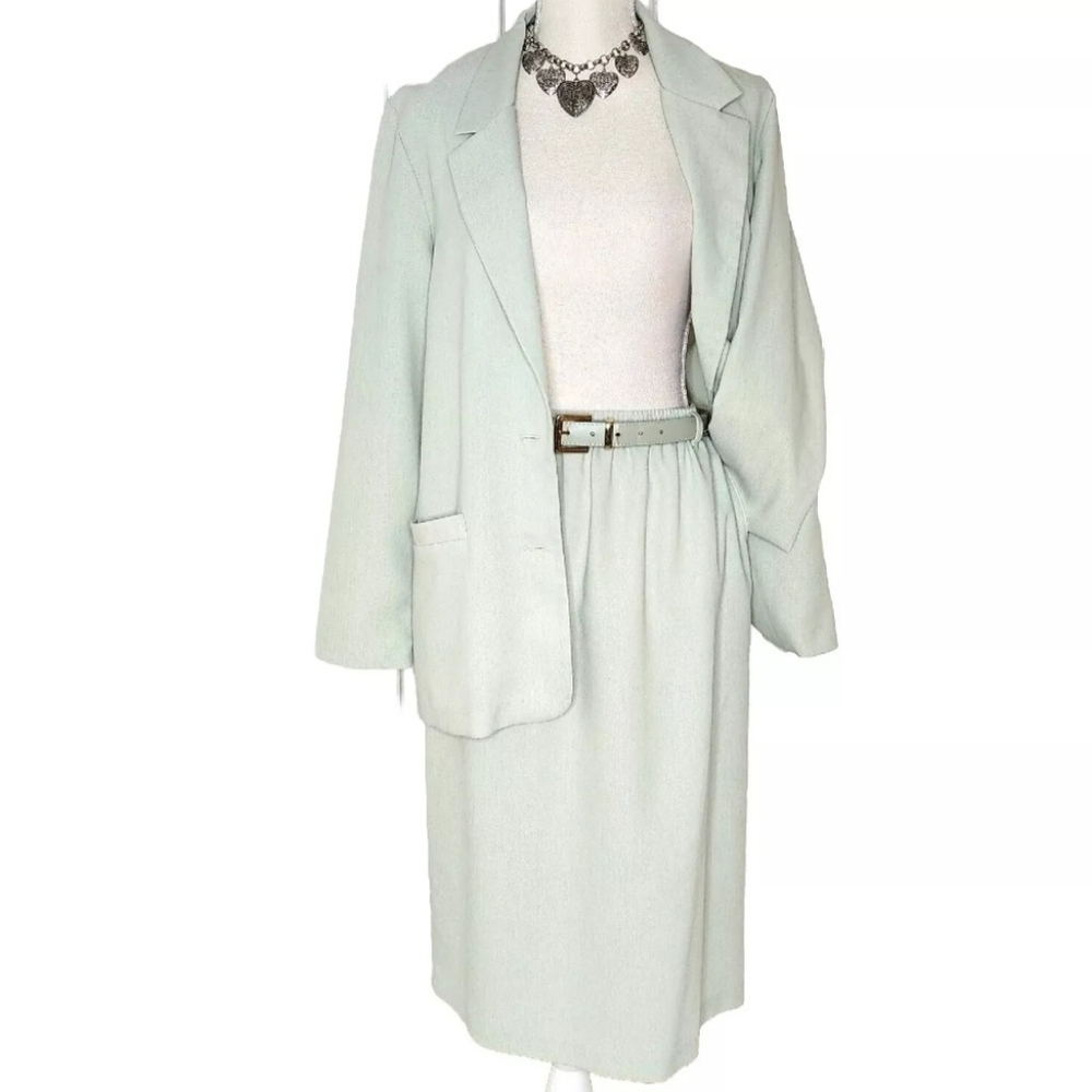 Vintage Alfred Dunner Skirt Suit Sage Green Size 10 Belt & Skirt Pockets